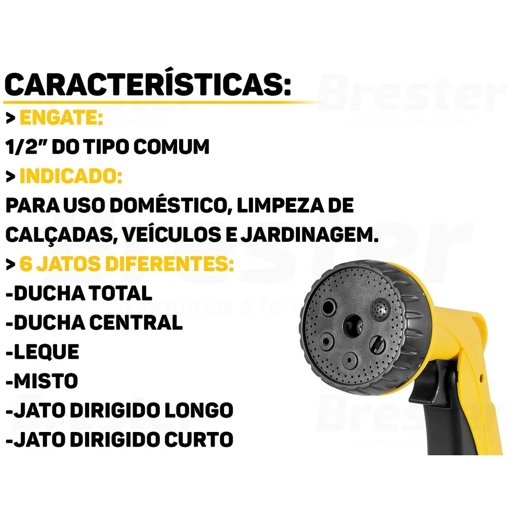 Infográfico com características e os 6 tipos de jato do esguicho