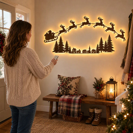 Decoração de Natal com trenó e renas iluminados na parede da sala