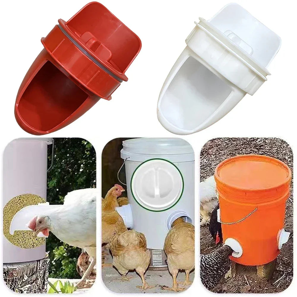 Comedouros automáticos para aves nas cores vermelha e branca e exemplos de uso
