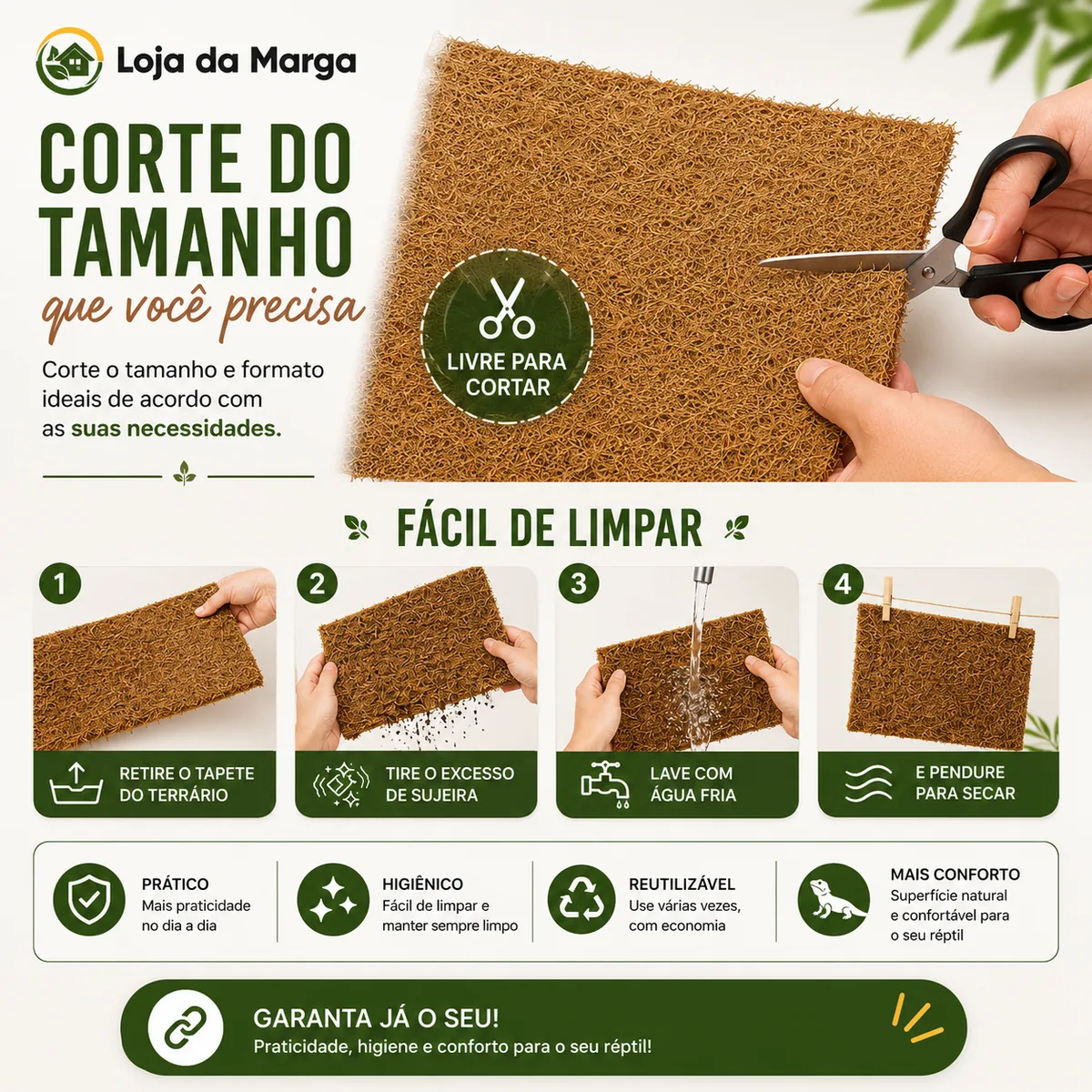 Infográfico: como cortar a almofada no tamanho do ninho e como limpar em 4 passos