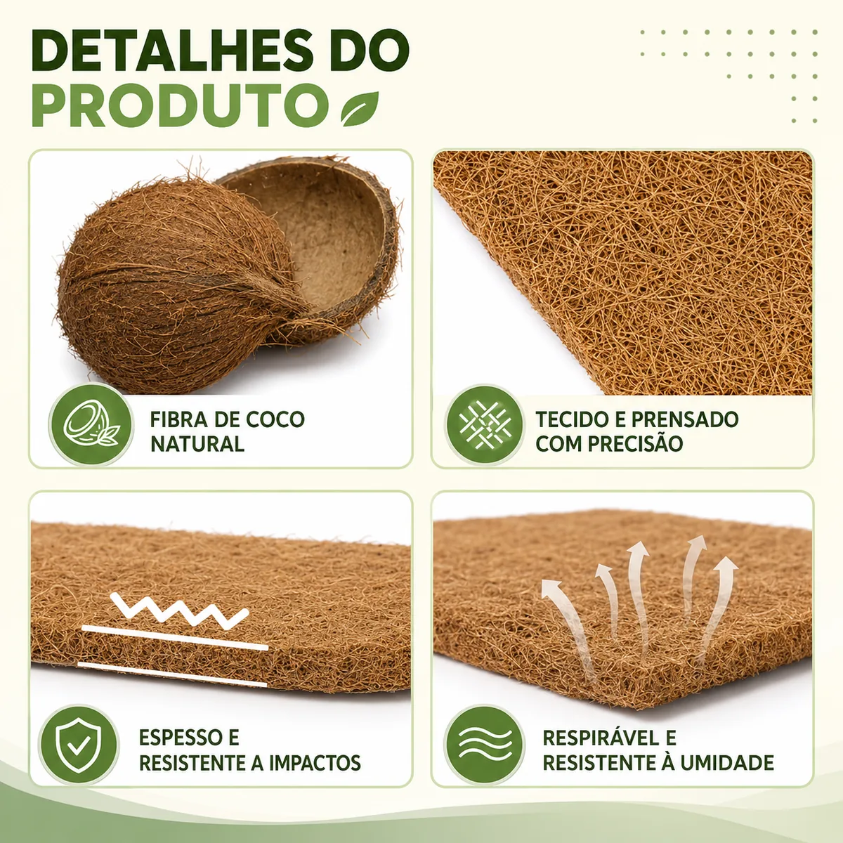 Detalhes do produto: fibra de coco natural, prensada, espessa e respirável