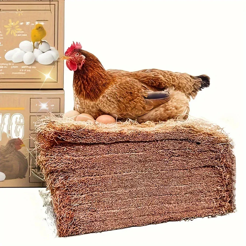 Pilha de almofadas de nidificação de fibra de coco com galinha e ovos