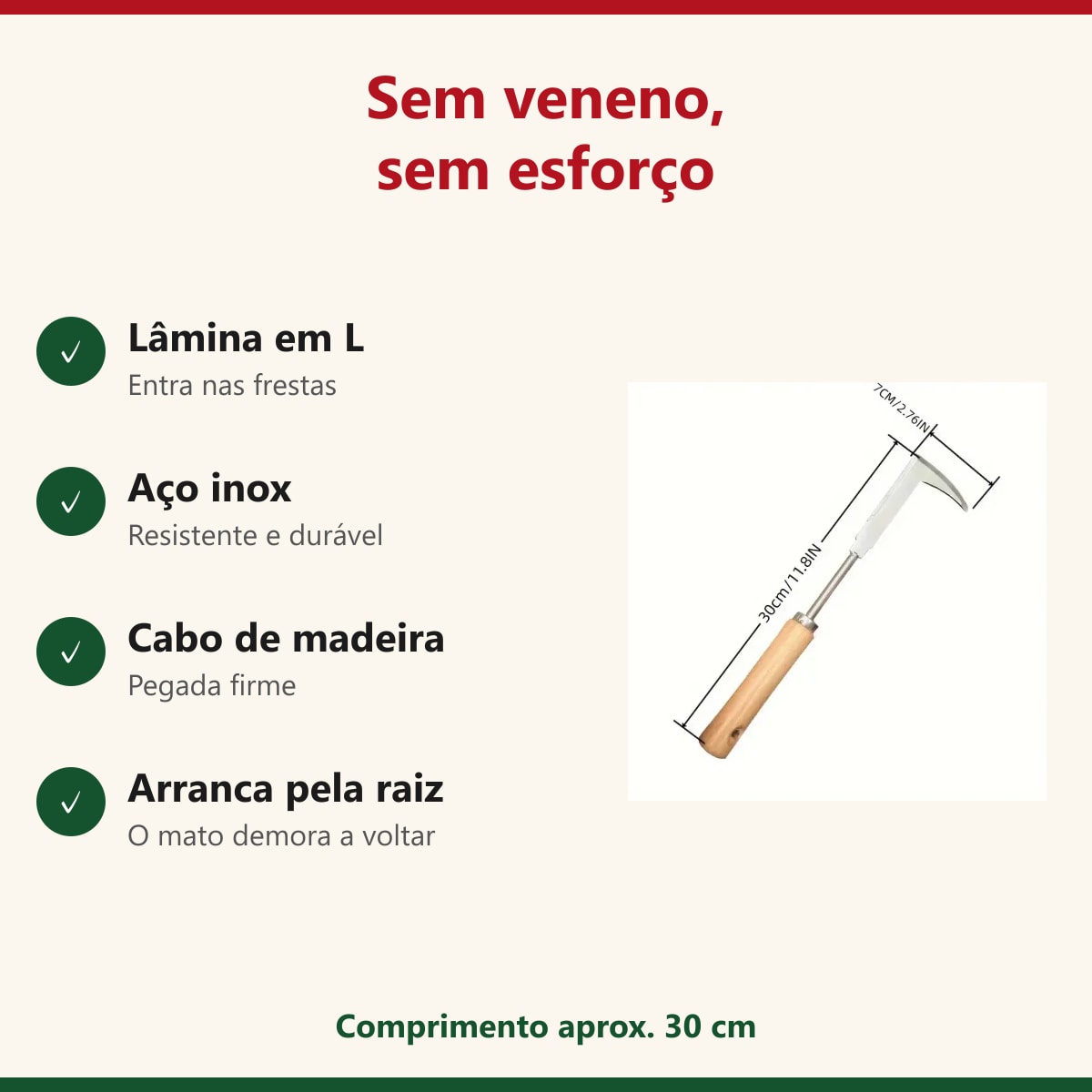 Benefícios do arrancador de mato: lâmina em L, aço inox e cabo de madeira