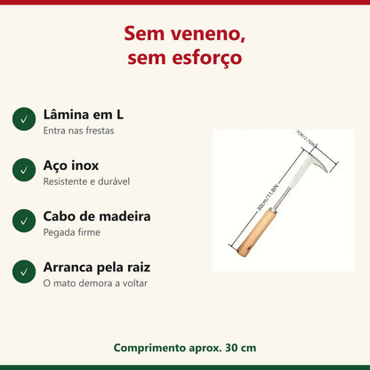 Benefícios do arrancador de mato: lâmina em L, aço inox e cabo de madeira