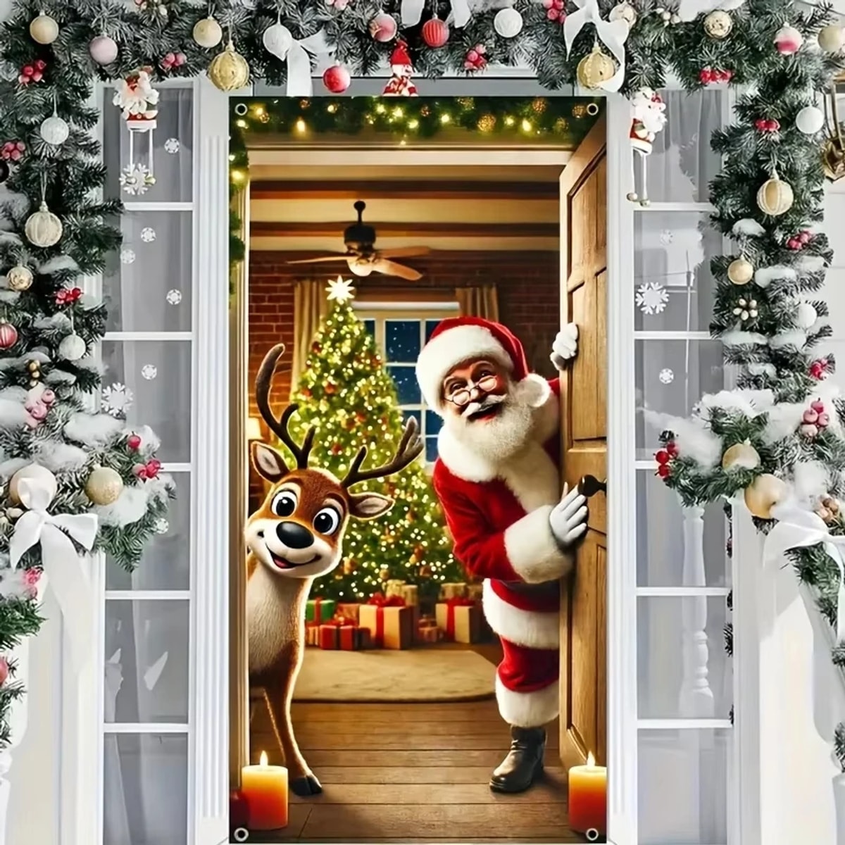 Capa de porta de Natal com Papai Noel e rena espiando pela porta, instalada em uma entrada decorada