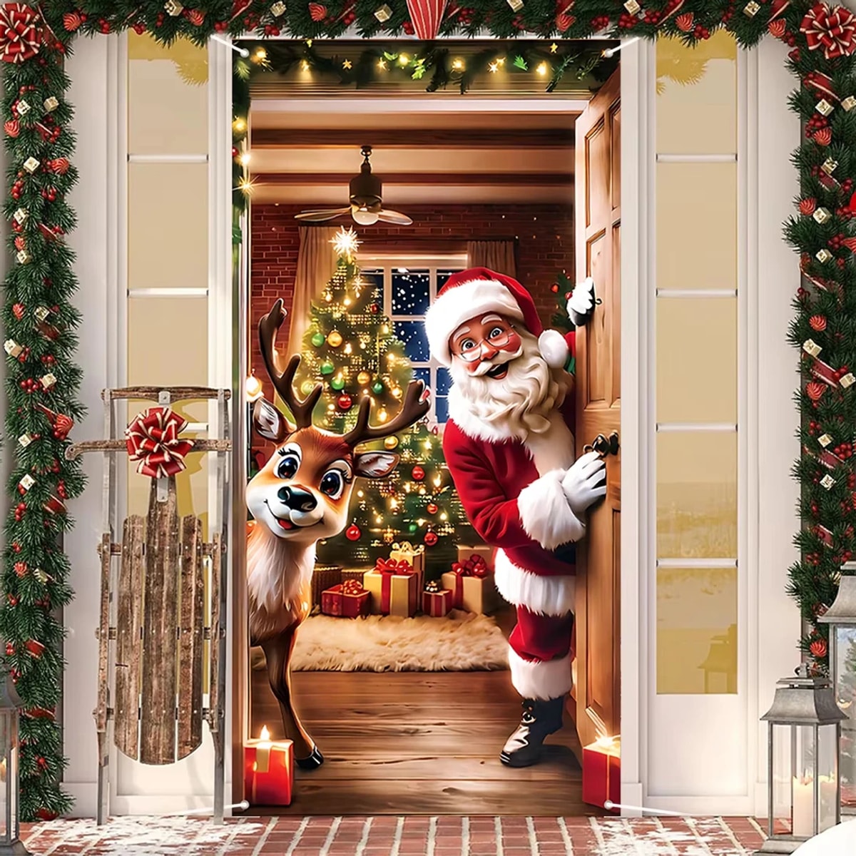 Porta decorada com capa de Natal do Papai Noel e da rena com árvore de Natal ao fundo