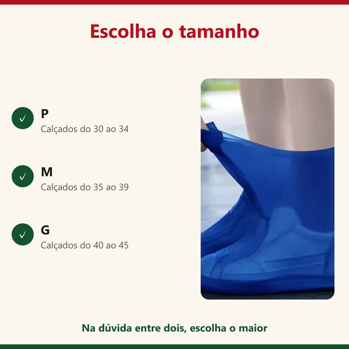 Tabela de tamanhos da capa de sapato impermeável P, M e G