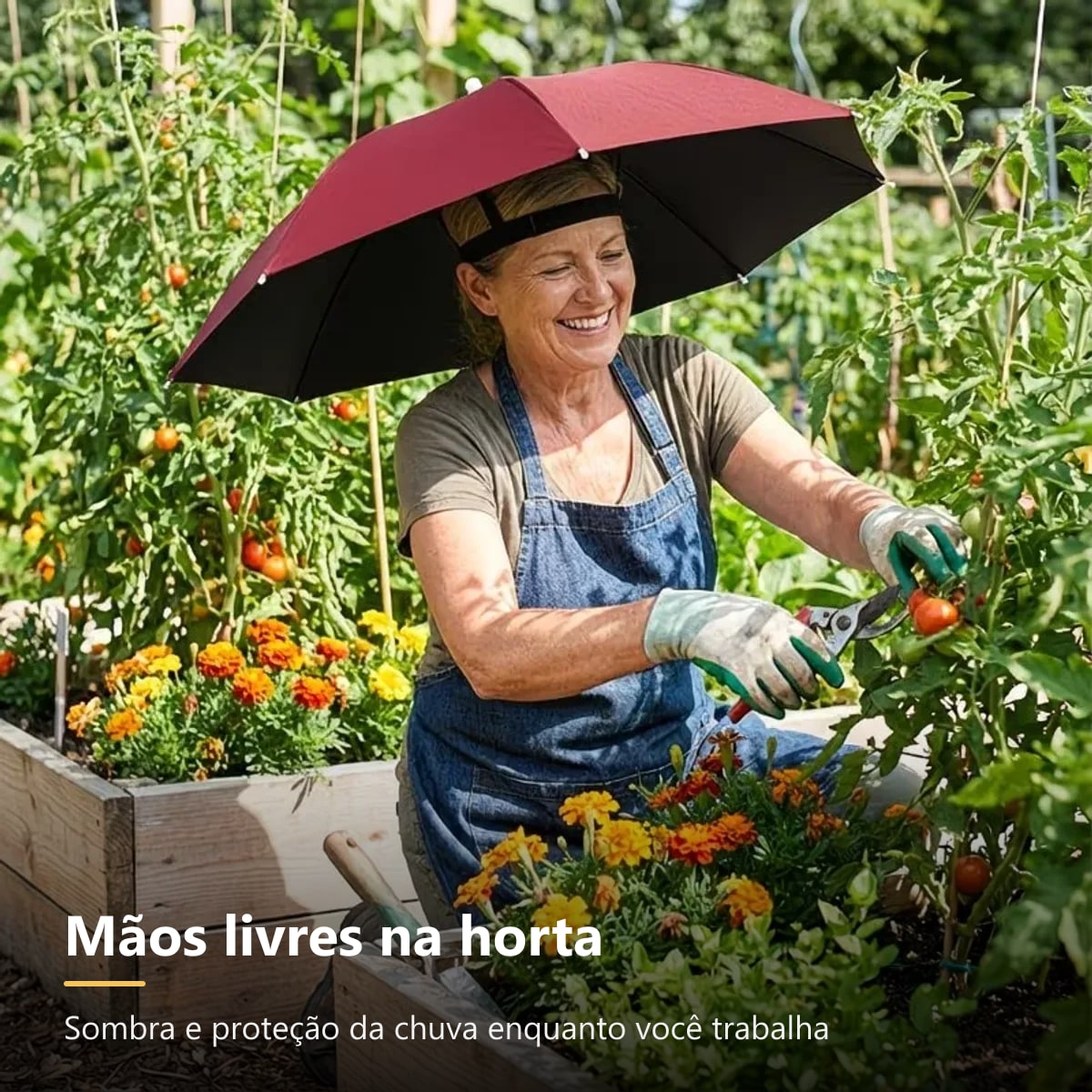 Chapéu guarda-chuva com mãos livres para trabalhar na horta