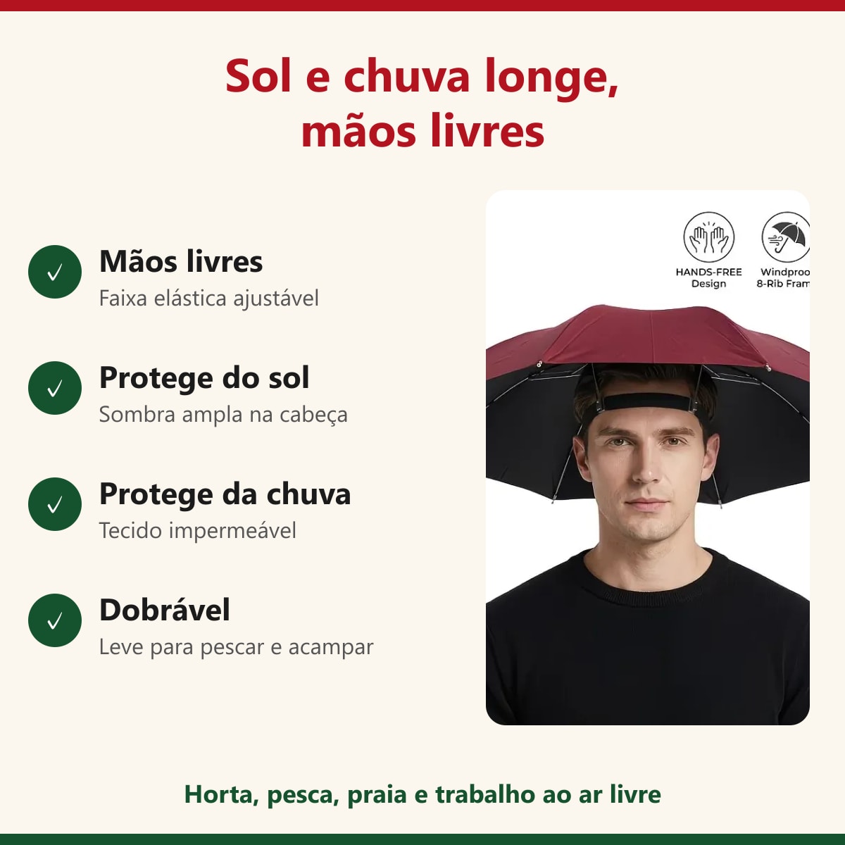 Benefícios do chapéu guarda-chuva: mãos livres, proteção do sol e da chuva