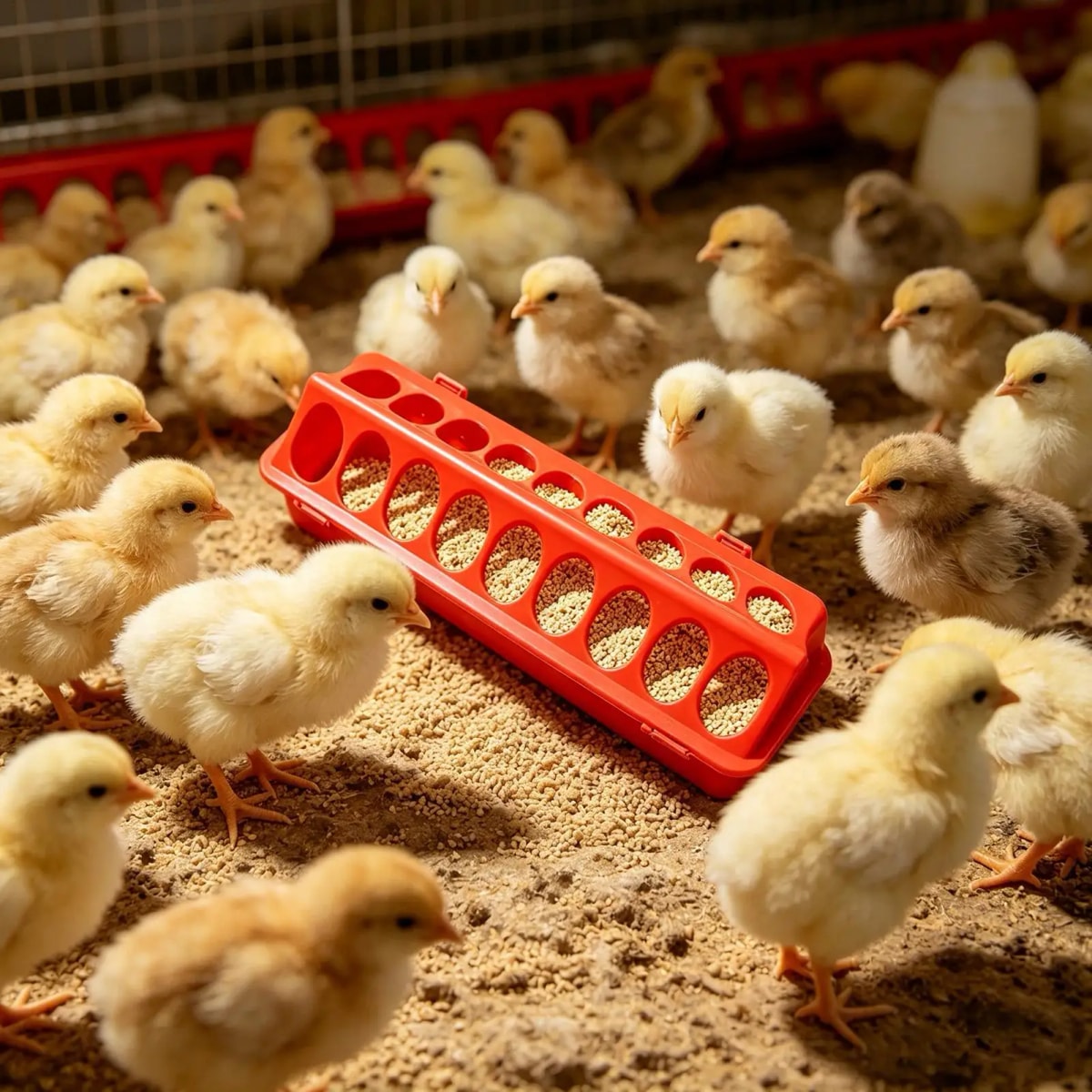 Pintinhos comendo ração no comedouro calha vermelho de 18 furos