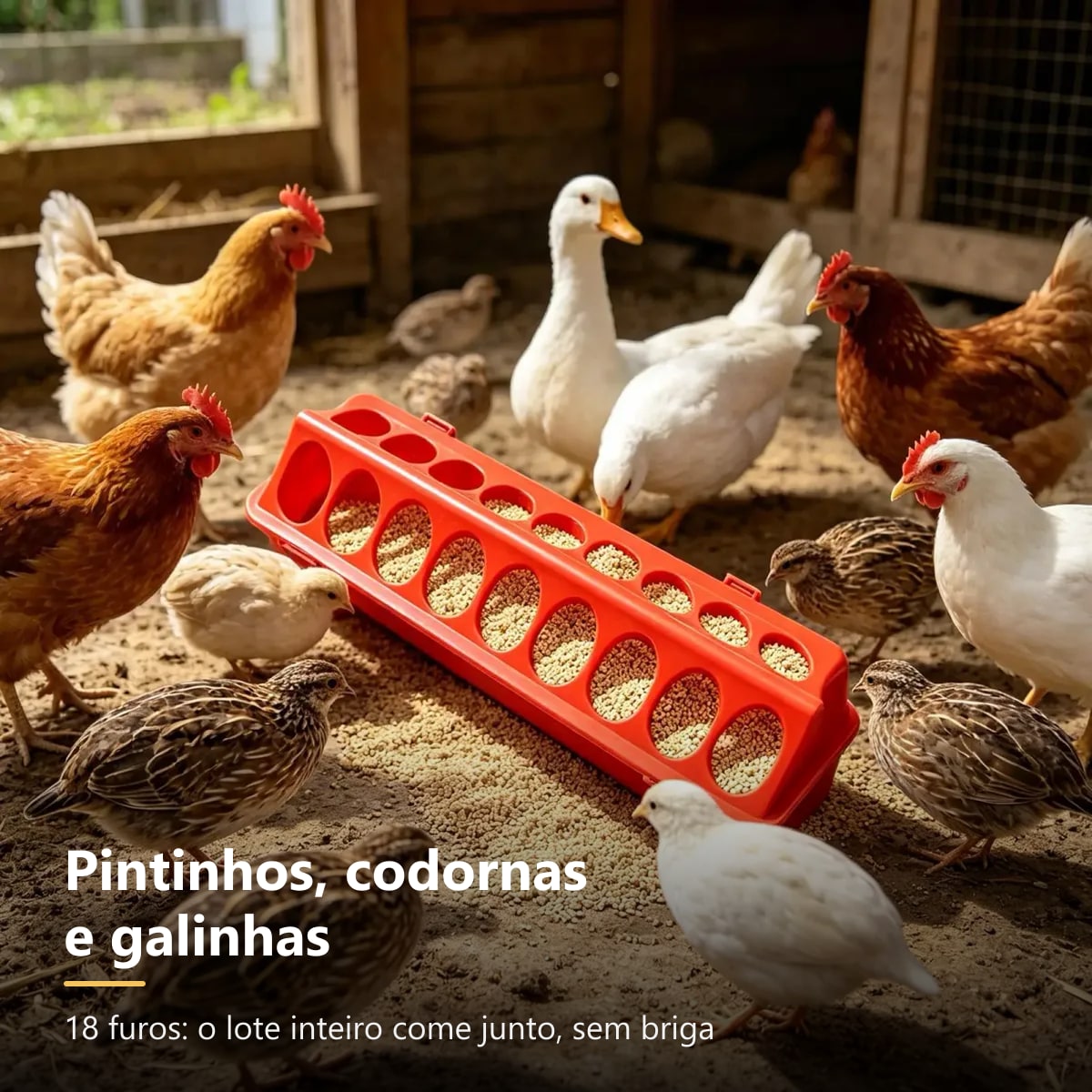 Galinhas, codornas e patos comendo no comedouro calha