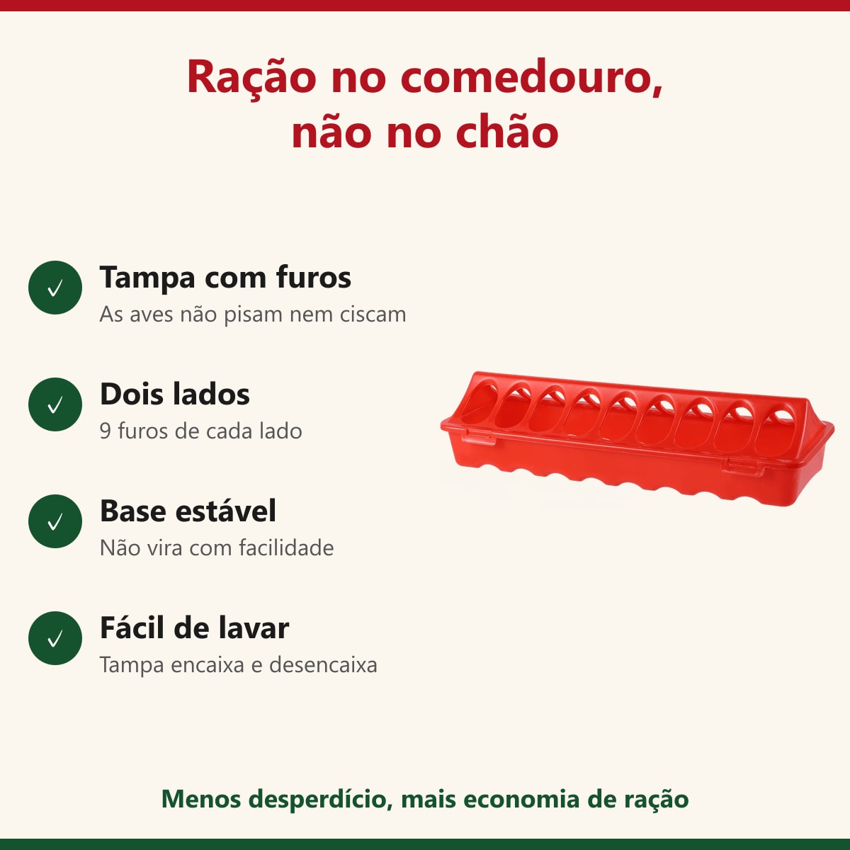 Benefícios do comedouro calha: tampa com furos, dois lados, base estável e fácil de lavar