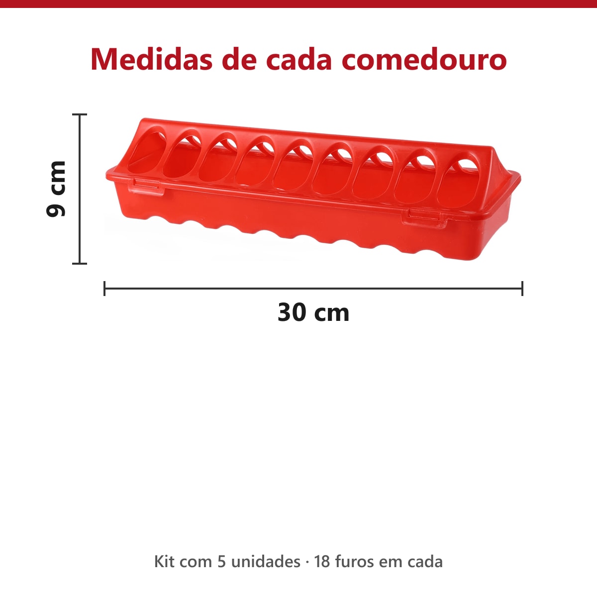 Medidas do comedouro calha de 18 furos: 30 cm de comprimento e 9 cm de altura