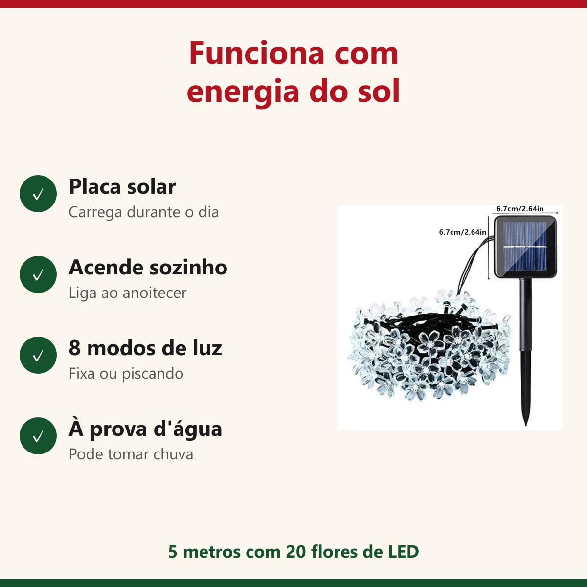 Cordão floral com placa solar: carrega no sol, acende sozinho e é à prova d'água