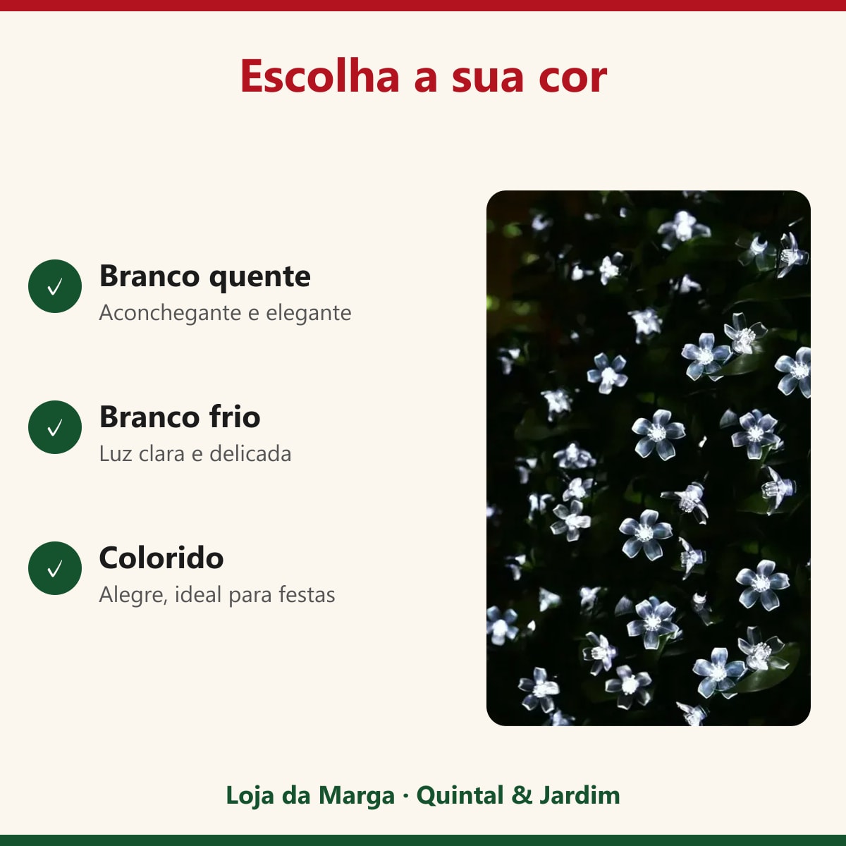 Cores do cordão floral de LED: branco quente, branco frio e colorido