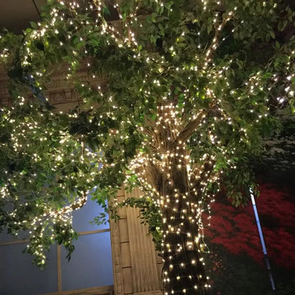 Árvore iluminada com cordão de LED gotas solar branco quente