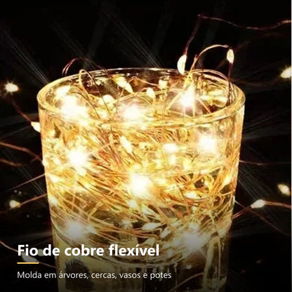 Fio de cobre flexível com LEDs gotas dentro de pote de vidro