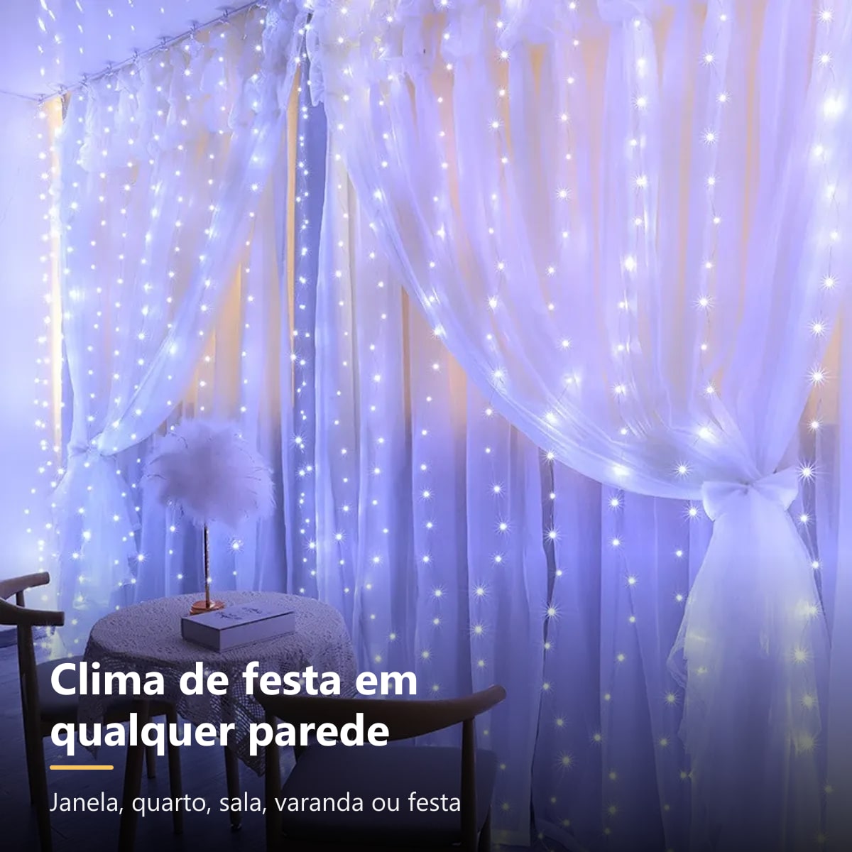 Cortina de LED branca na janela do quarto
