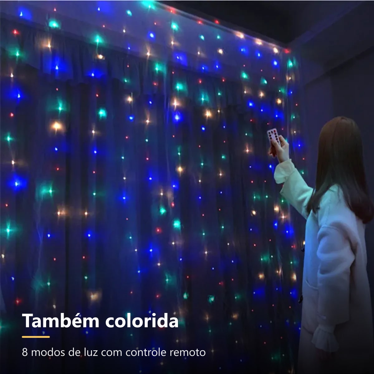 Cortina de luzes LED colorida com controle remoto