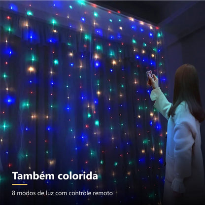 Cortina de luzes LED colorida com controle remoto