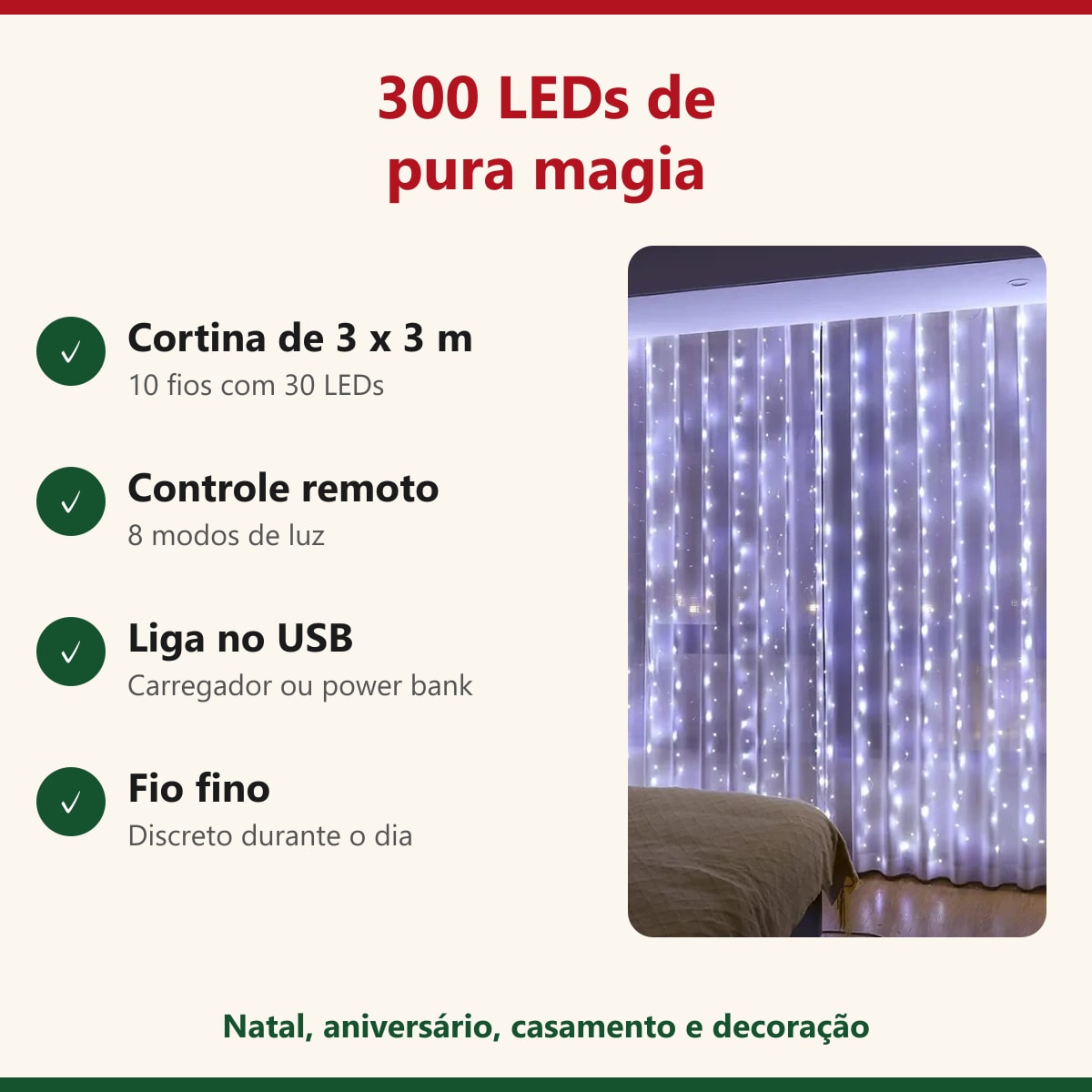 Cortina de 300 LEDs 3x3 m com controle remoto e 8 modos
