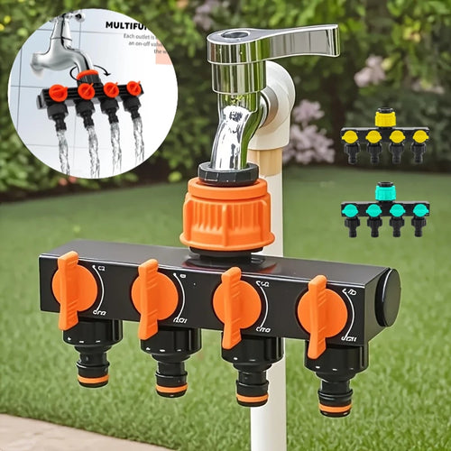Divisor de torneira com 4 saídas instalado na torneira do jardim