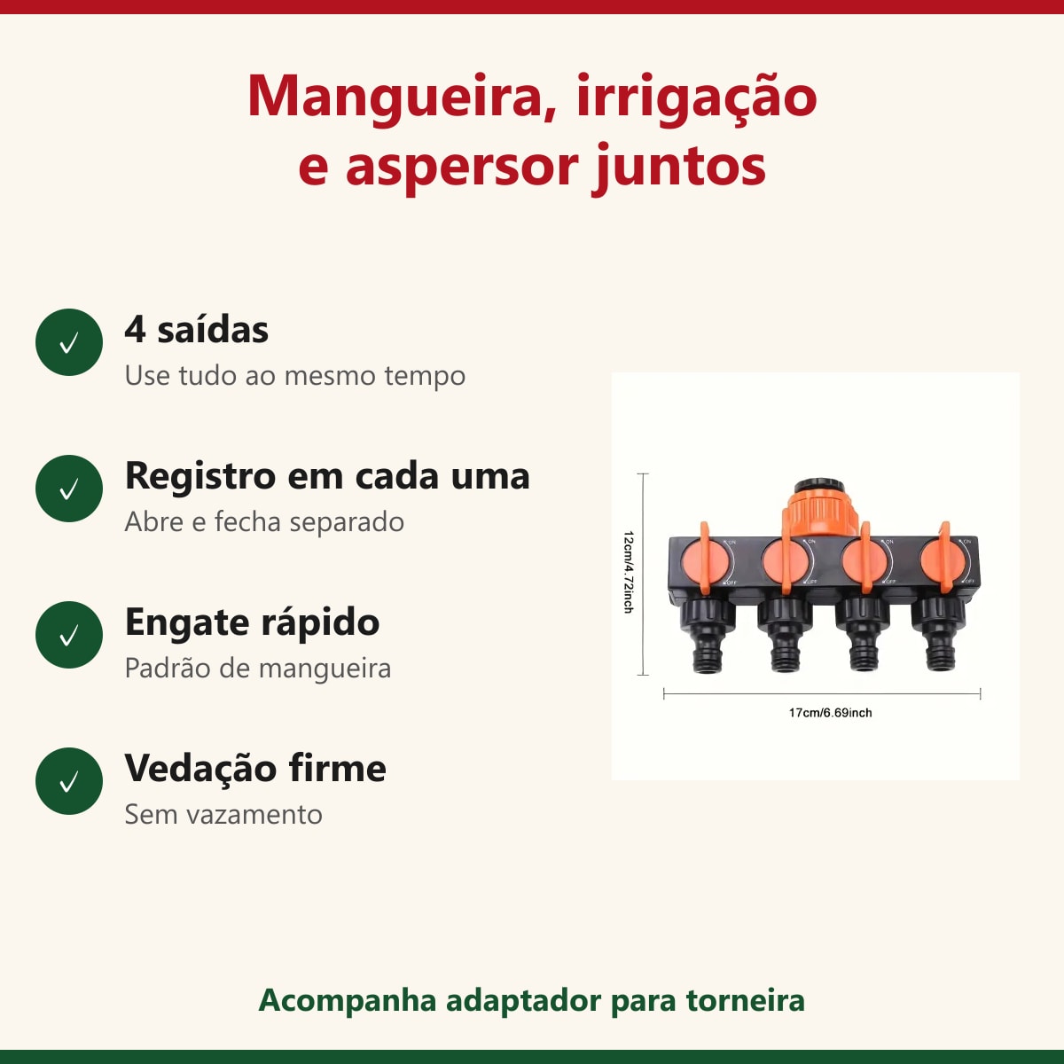 Benefícios do divisor de torneira: 4 saídas, registros e engate rápido
