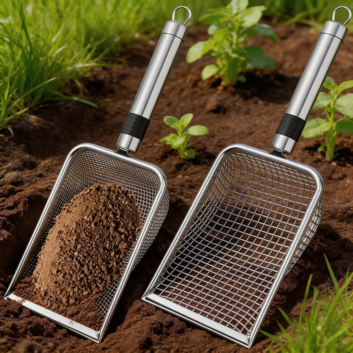 Duas peneiras de jardim em aço inox com terra