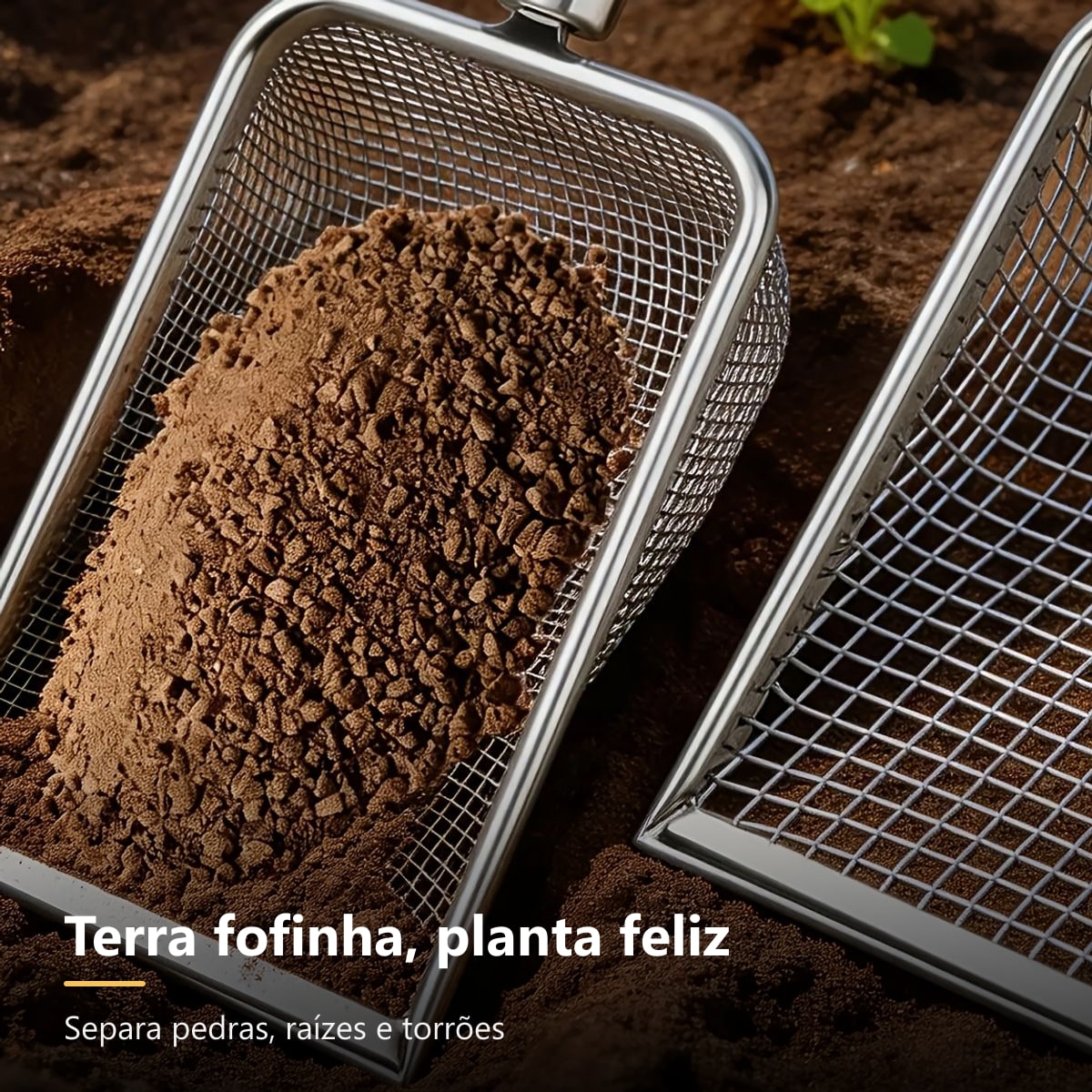 Peneira de jardim separando pedras e torrões da terra