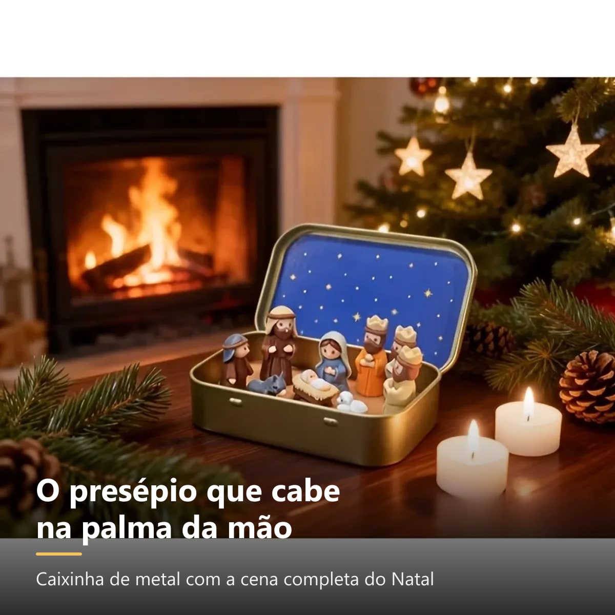 Presépio em miniatura na caixinha de metal decorando a mesa de Natal