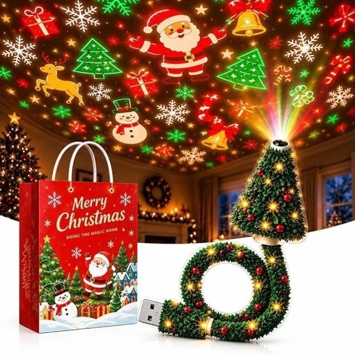 Projetor de Natal em formato de árvore e guirlanda projetando Papai Noel, renas e flocos de neve no teto