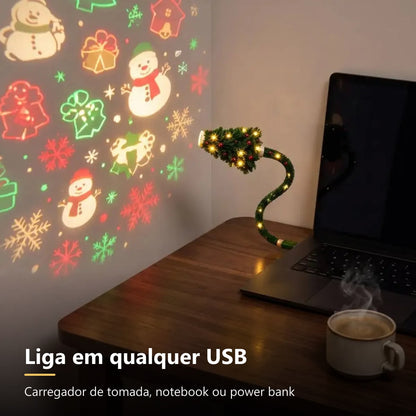 Projetor de Natal USB ligado no notebook projetando bonecos de neve na parede