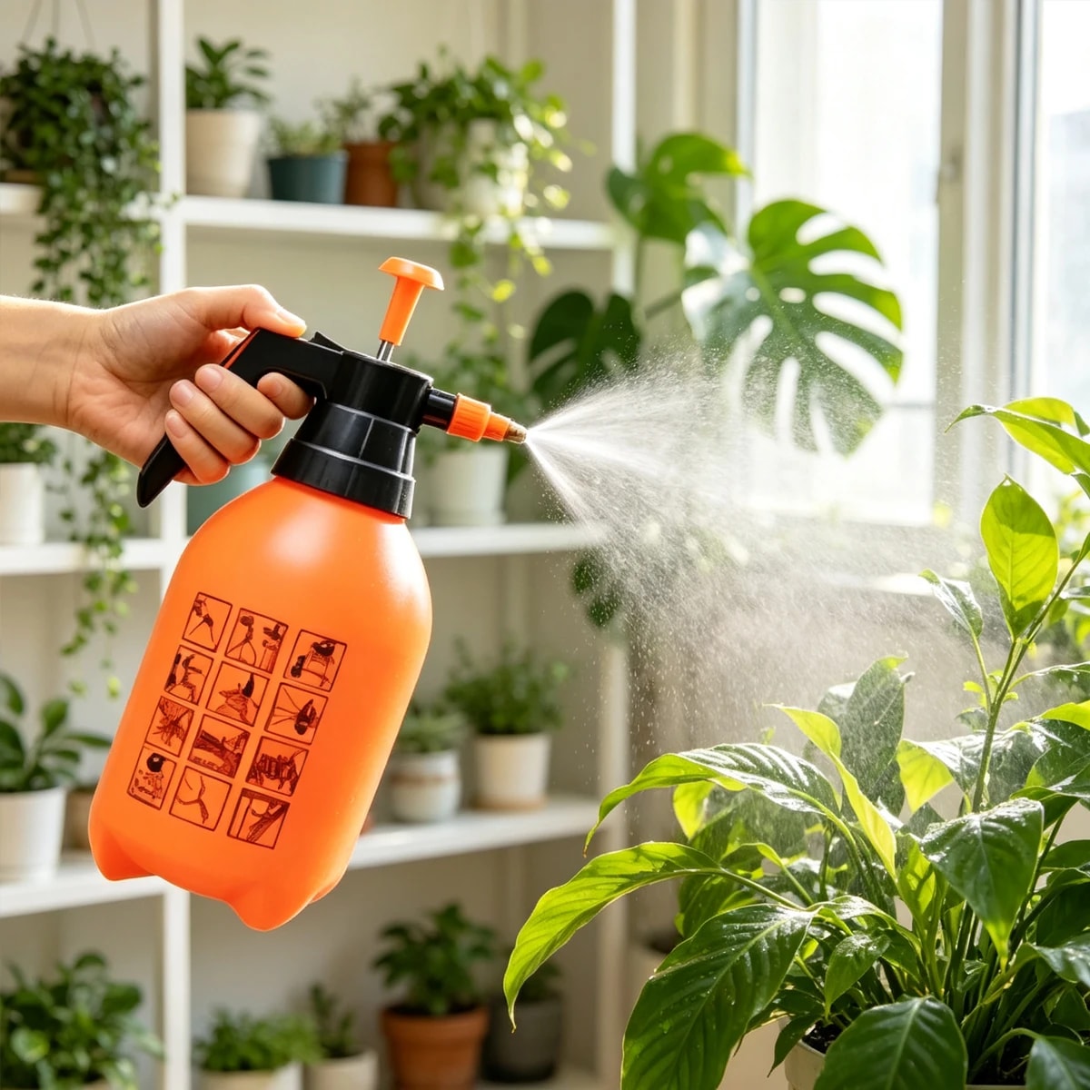 Pulverizador borrifador de 2 litros borrifando névoa em plantas