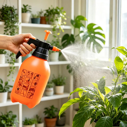 Pulverizador borrifador de 2 litros borrifando névoa em plantas
