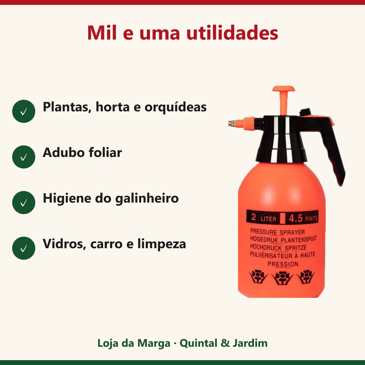 Usos do pulverizador: plantas, horta, adubo foliar, galinheiro e limpeza