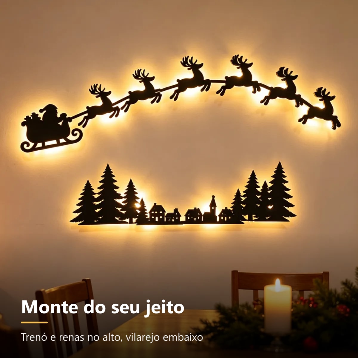 Silhuetas de madeira do trenó com renas e do vilarejo com pinheiros iluminados por trás na parede