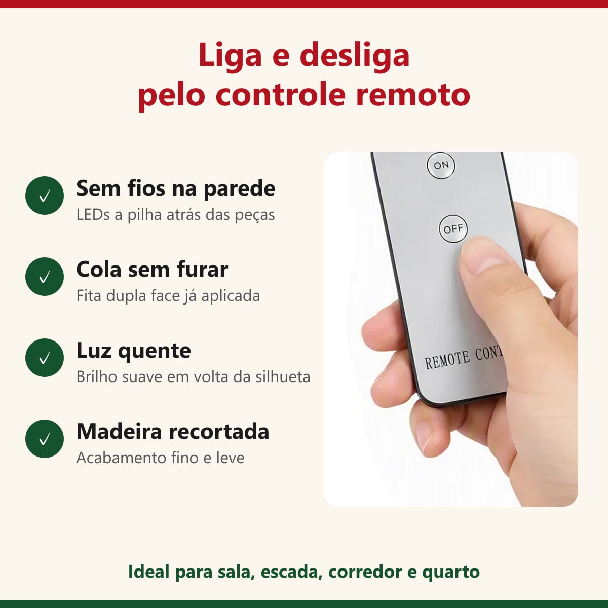 Controle remoto que liga e desliga as luzes LED da decoração de Natal com renas