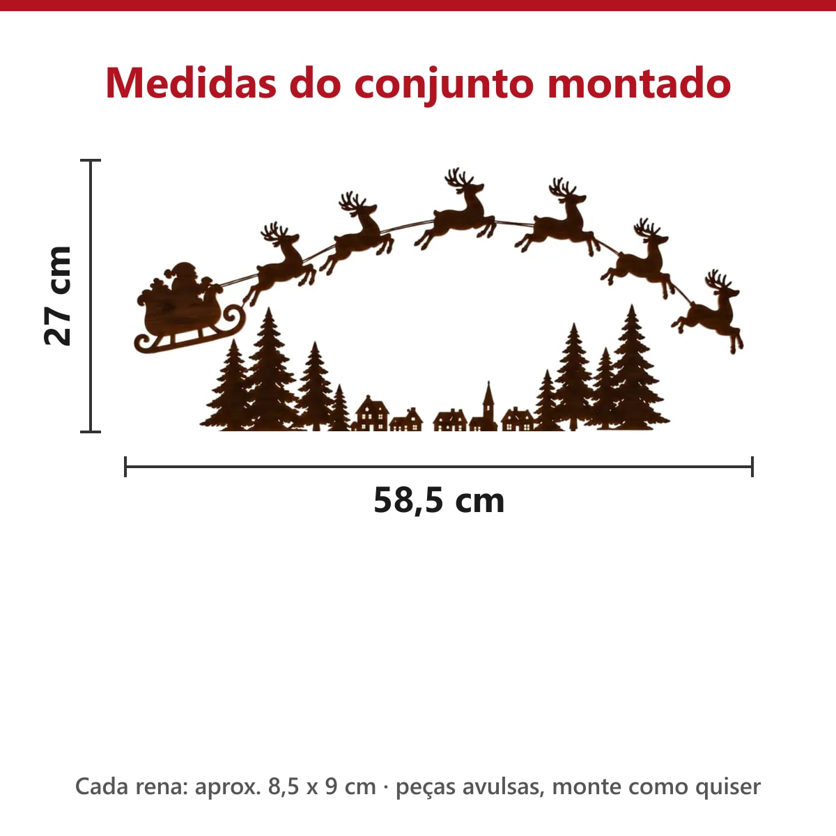 Medidas da decoração de parede trenó e renas montada: 58,5 cm de largura por 27 cm de altura
