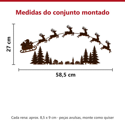 Medidas da decoração de parede trenó e renas montada: 58,5 cm de largura por 27 cm de altura
