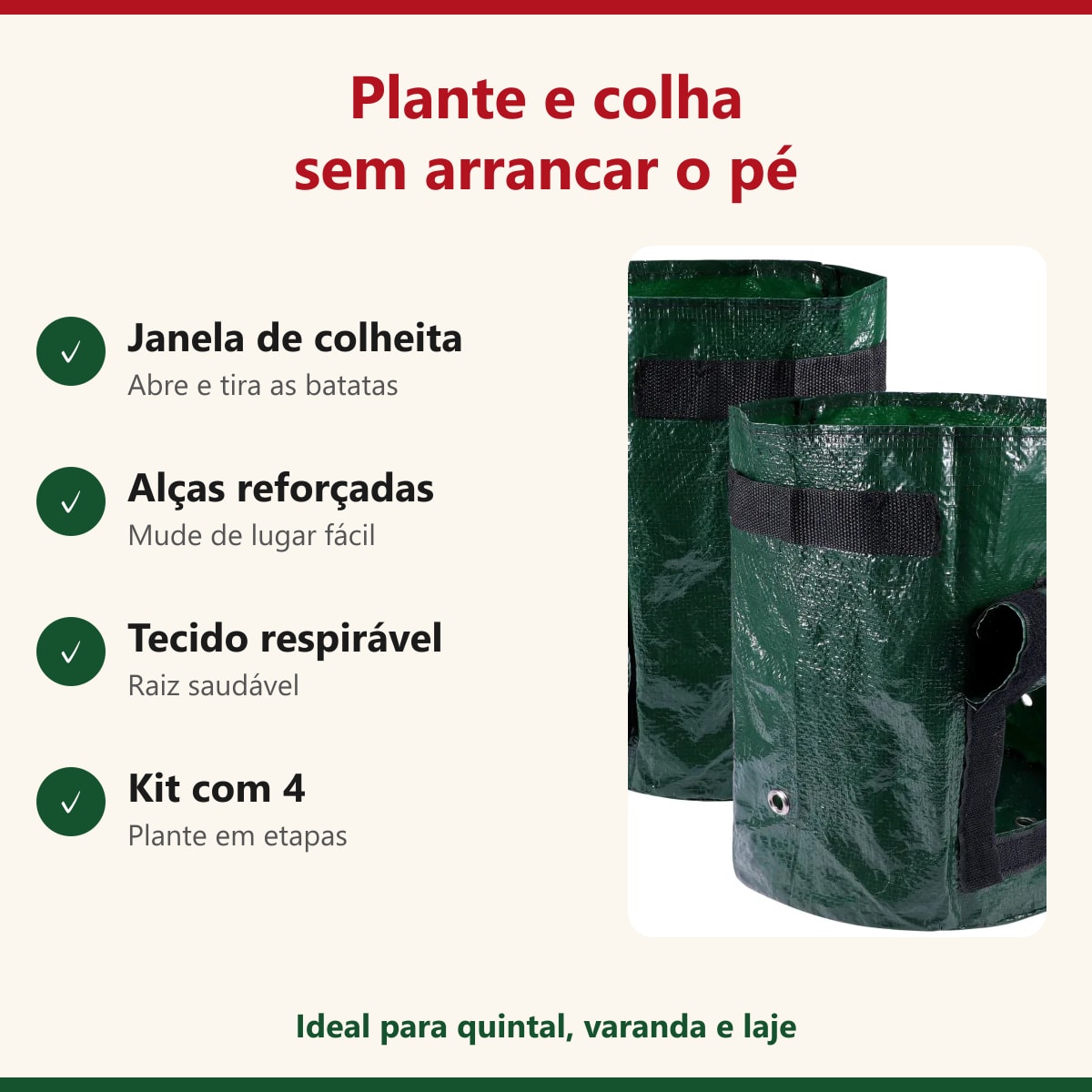 Benefícios do saco de cultivo: janela de colheita, alças e tecido respirável