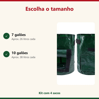 Tamanhos dos sacos de cultivo: 7 e 10 galões