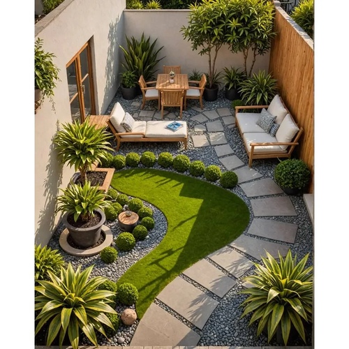 Jardim com separador curvo delimitando grama e canteiro de plantas