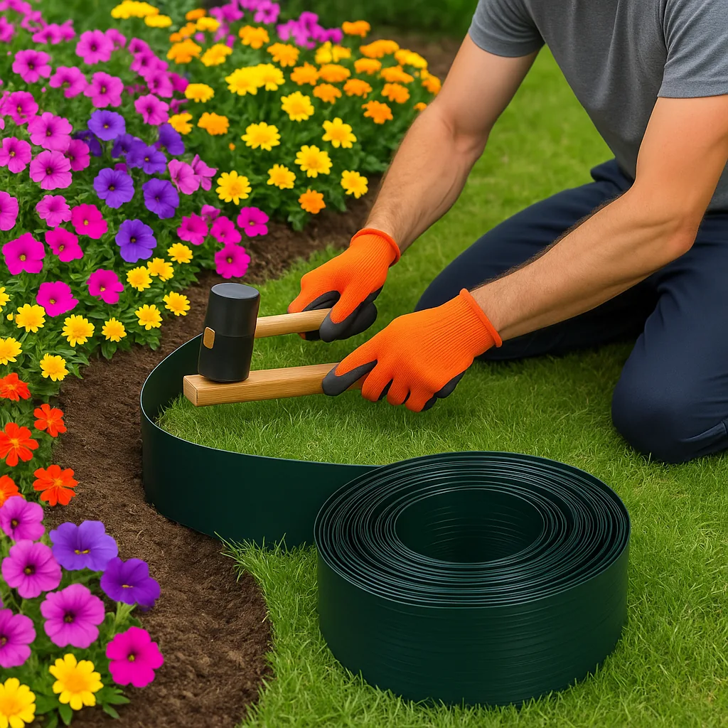Pessoa instalando separador verde de jardim em canteiro de flores