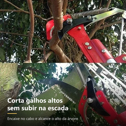 Podador de galhos altos cortando galho no alto da árvore sem escada