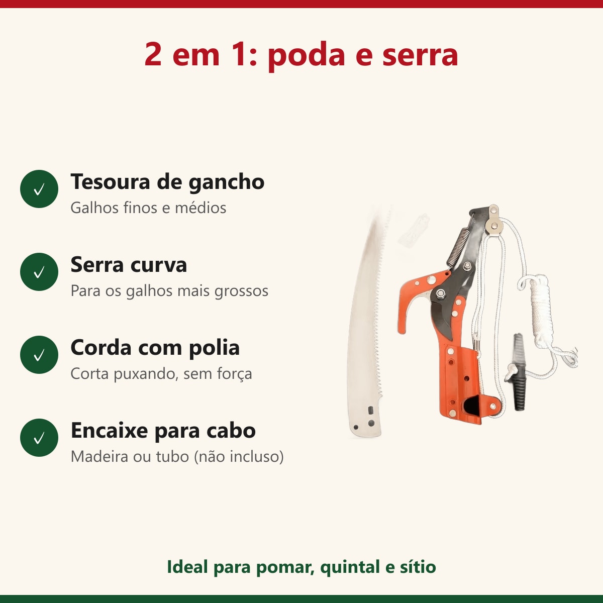 Podador 2 em 1: tesoura de gancho, serra curva, corda com polia e encaixe para cabo