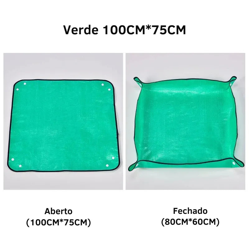 Tapete de plantio dobrável verde 100x75cm aberto e fechado