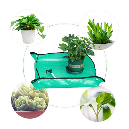 Tapete de plantio dobrável com plantas ao redor em vasos